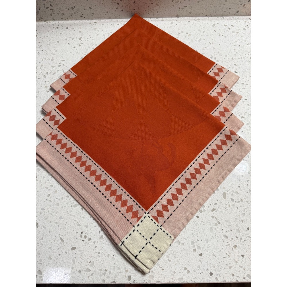 Le Jacquard Francais Napkins Orange Equestrian Cotton Pre Owned Set of 4 OS